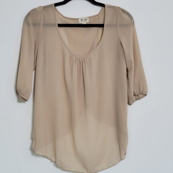 The Arte by Zenana Beige Sheer Puff 3/4 Sleeve Tulip Back Blouse Size M - Picture 1 of 12